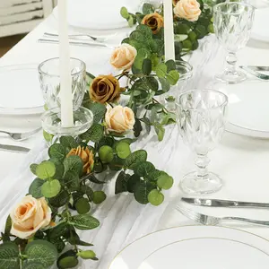 Artificial Eucalyptus Garland with Cream/Gold Silk Roses – 6ft Faux Greenery Vine