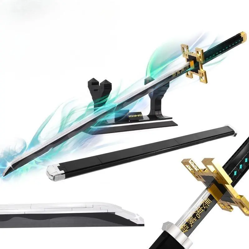 Demon Slayer Tokitou Muichirou Mist Breathing Nichirin Sword Building Blocks Set, 40 Inch Anime Katana Replica with Display Stand, 771 Pcs Building Block Model, Stress Relief Decor Gift for Anime Fans & Men Boyfriend Birthday Present Ages 12+