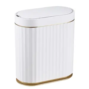 Slimline Automatic Motion Sensor Trash Can for Bathroom Kitchen Office White Gold Trim