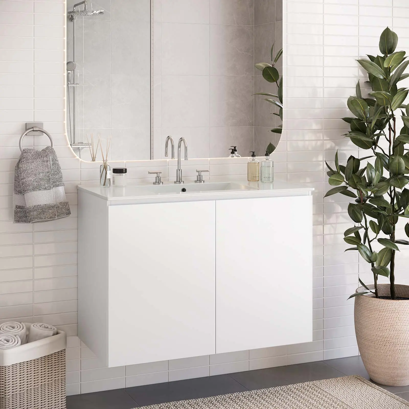 Modway Bryn 36" Wall-Mount Bathroom Vanity - White Modern Home Improvement Furniture, Wall-Hanging Design, Cabinets with Soft-Close Doors, Integrated Countertop, Space-Saving Cut-Out Design, Wood Dust Resistant, Sleek Look, Assembly Required