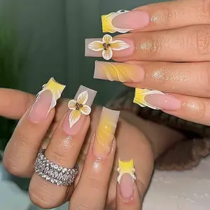 S27 Nailed by Vibe Yellow Floral Press-On Nails, 3D Daisies, Ombre Yellow Tips, Square Long Nails, Handmade Custom Nail Set, Summer Sunshine Vibes, Gifts for Her, Trendy Floral Art Nails