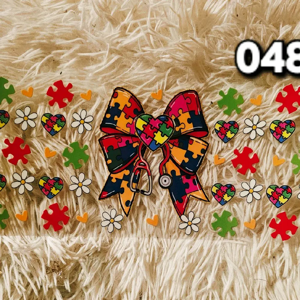 Autism Awareness Nurse Cup Decal with Colorful Puzzle Pieces and Heart Motifs for Special Needs Support