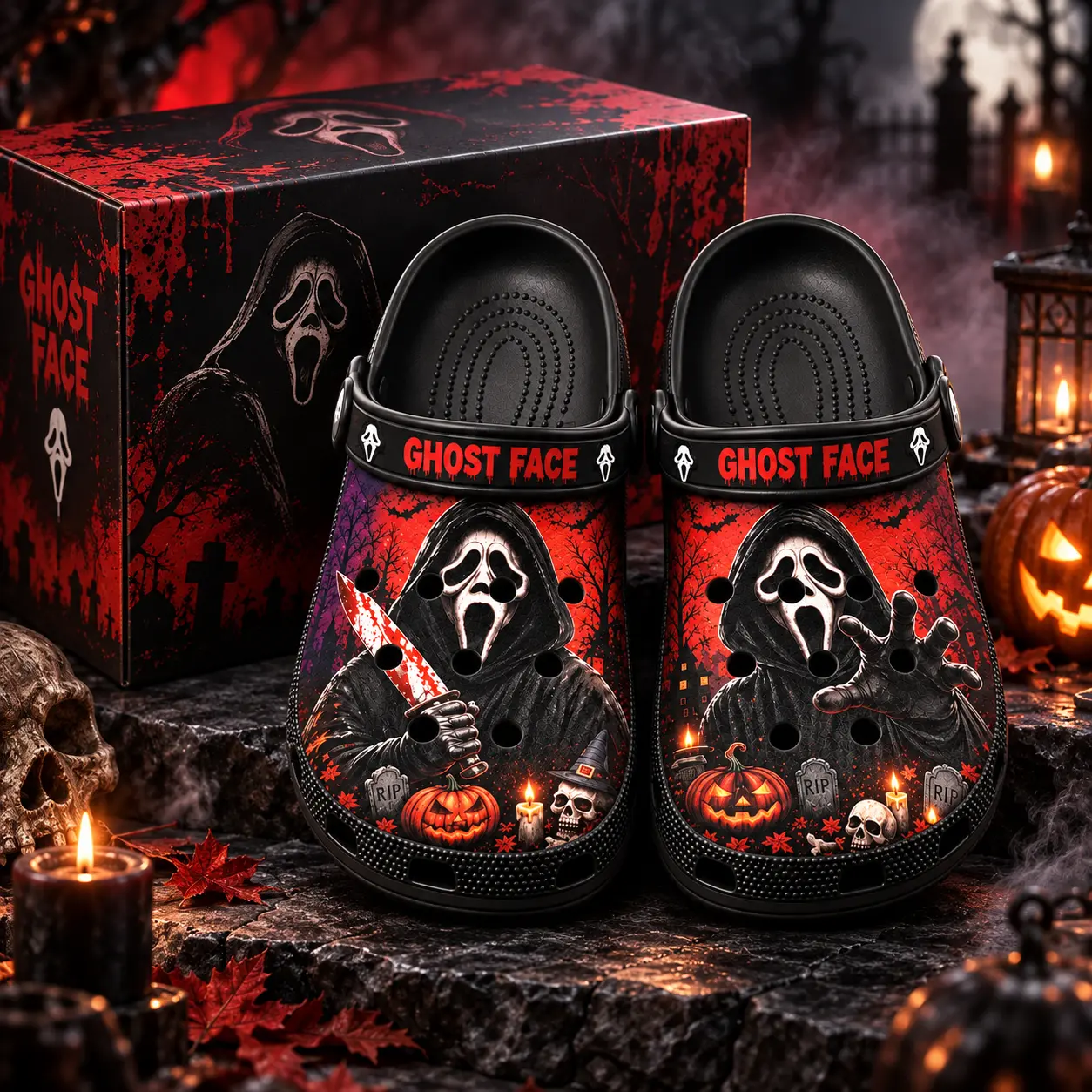 Ghostface Horror Clogs, Halloween Scary Movie Graphic Slip On Shoes, Spooky Black Red Clogs, Horror Movie Fan Gift, Halloween Footwear