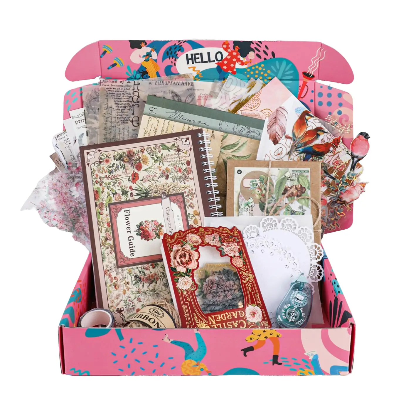 Grabie Scrapbook Club Box Themed 'TAKE A BITE OF NATURE' - with Full-Size Stickers and Paper, Washi Tape, Twine String, Tape Roller and Storage Pouch