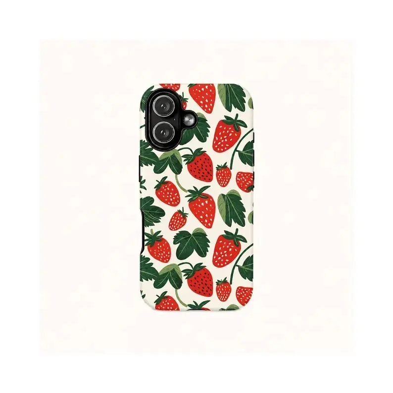 Vintage Strawberry Phone Case - Cute Cottagecore Fruit Pattern Red Strawberries Heavy Duty Tough Armor Cover for iPhone 17 16 15 14 13 12 11 Pro Max - 7/8Plus Summer Gift