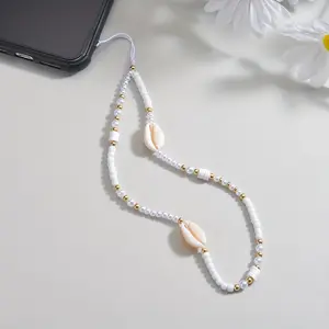 Pearl Mixed Polymer Clay Woven Shell Beach Style Phone Charm, Beaded Strap for Girls, Ccd Camera Lanyard Decoration