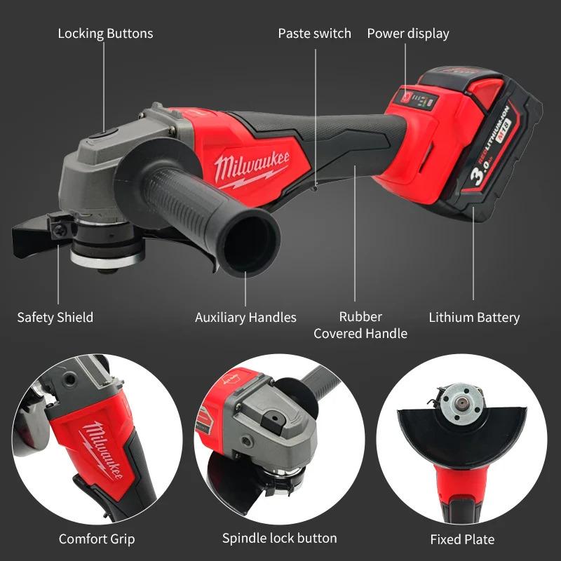 2026 Milwaukee 125mm Braking Brushless Angle Grinder M14 Electric Cordless Polishing 3 Gears Variable Speed Cutting Power Tools Comprehensive Household Hardware Tool Set tire change auto repair