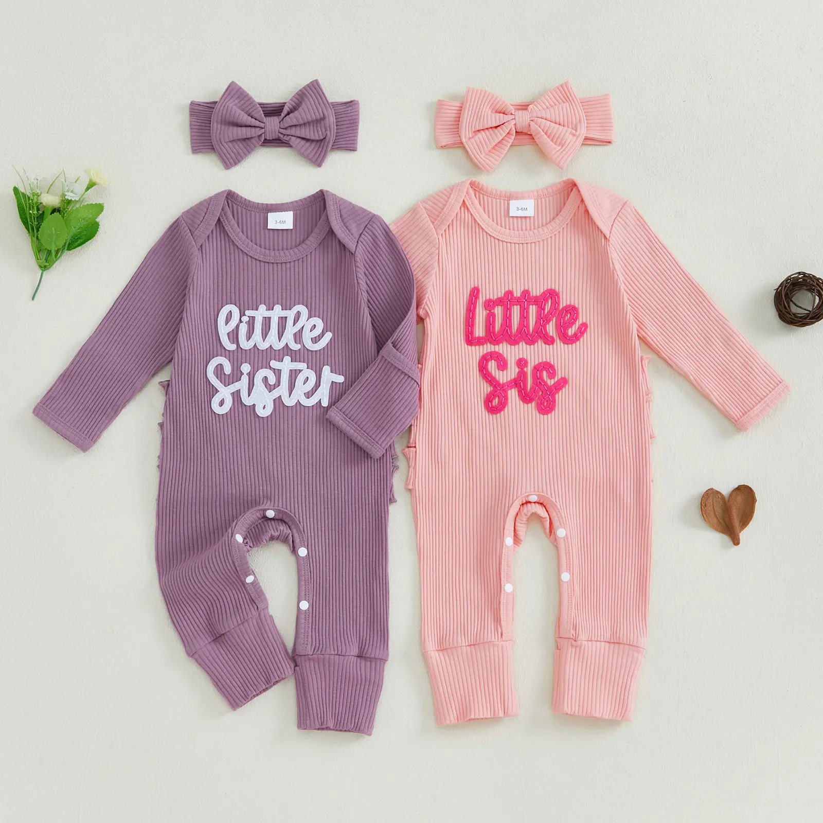 Baby Girl Long Sleeve Embroidery Jumpsuit with "Little Sister" Letters, Bowknot Headband, Infant Newborn Fall Baby Clothing Outfit, Gifts, Embroidery Letters, 3-6 Months, Cotton, Crew Neck, 0 - 3 Months, Letter Embroidery