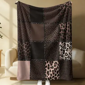 Leopard Print Patchwork Throw Blanket, Brown & Black Wild Animal Print Flannel Blanket, Cozy Neutral Tone Blanket with Mixed Cheetah Patterns, Lightweight Soft Blanket for Bed Sofa Couch, Perfect Gift for Animal Print Lovers