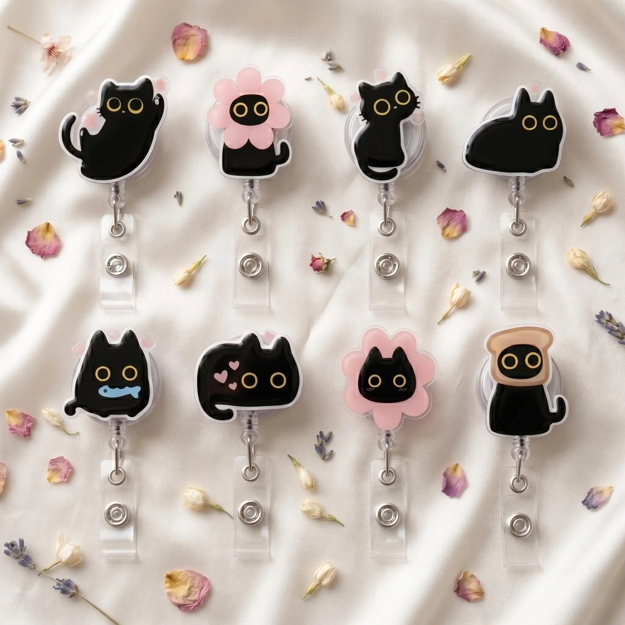 Black Cat Acrylic Badge Reel – Cute Retractable ID Badge Holder, Halloween Cat Badge Buddy, Nurse, Teacher & Cat Lover Gift