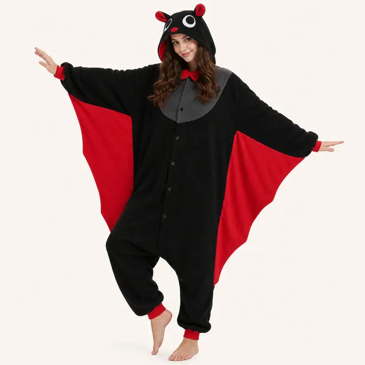 Fleece Black-Red Bat Kigurumi Onesie, Women's Sleepwear & Loungewear