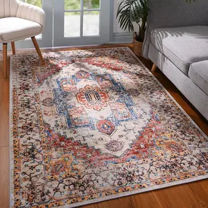Bohemian style , vintage , non-slip , washable , suitable for living room and bedroom, Orange , 2'x6', 2'x3', 4'x6', 5x8' rugs living room