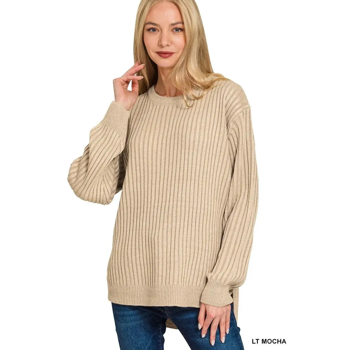 Curved Hem Two-Tone Ribbed Sweater