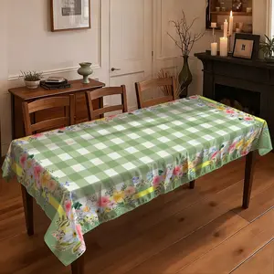 1 piece of 2D flat printed tablecloth  Spring Floral Gingham Tablecloth, Waterproof Oil-proof Table Cover for Home Kitchen Dining Party Decor, Rustic Country Style