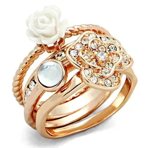 212 MAIN Women's Rose Gold Brass Base Ring - Design for Stacking, Round Band, White Synthetic Stone, Size 11, Daily Wear, Water-Ready for Water Sports, Stackable Rings