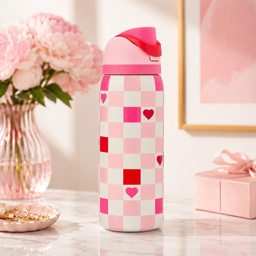 Cute Pink Water Bottle – Heart Checkerboard Flip Lid Bottle, Reusable Drink Bottle for School & Travel