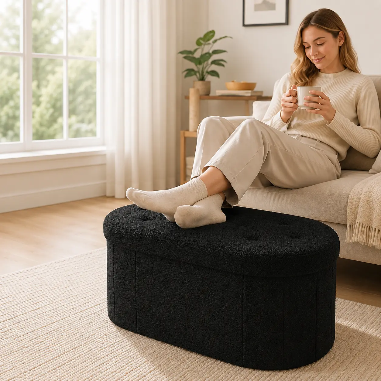 30/43 Inch Foldable Footrest Ottoman, Teddy Fabric Footstool with Storage, Padded Folding Ottoman Foot Rest for Living Room, Bedroom, Black/White