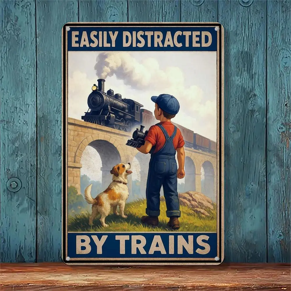 Easily Distracted by Trains Sign – Train Decor for Boys Room and Men – Train Gifts for Dad and Collectors – Vintage Train Wall Decor for Train Room or Man Cave – 8x12 Inch Metal Sign