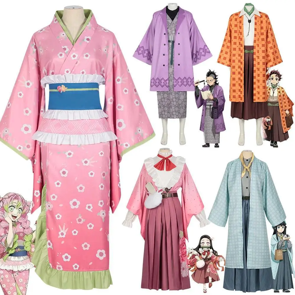 New Fashion Kanroji Mitsuri Cosplay Costume Pink Kimono Dress Outfits Halloween Carnival Party Disguise Women Suits
