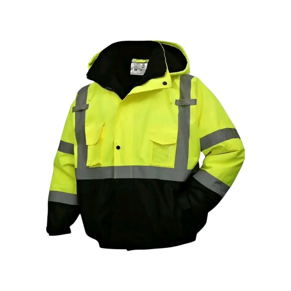 Waterproof Class 3 Yellow Bomber Safety Jacket, reflective, hooded, ID pocket, American Size