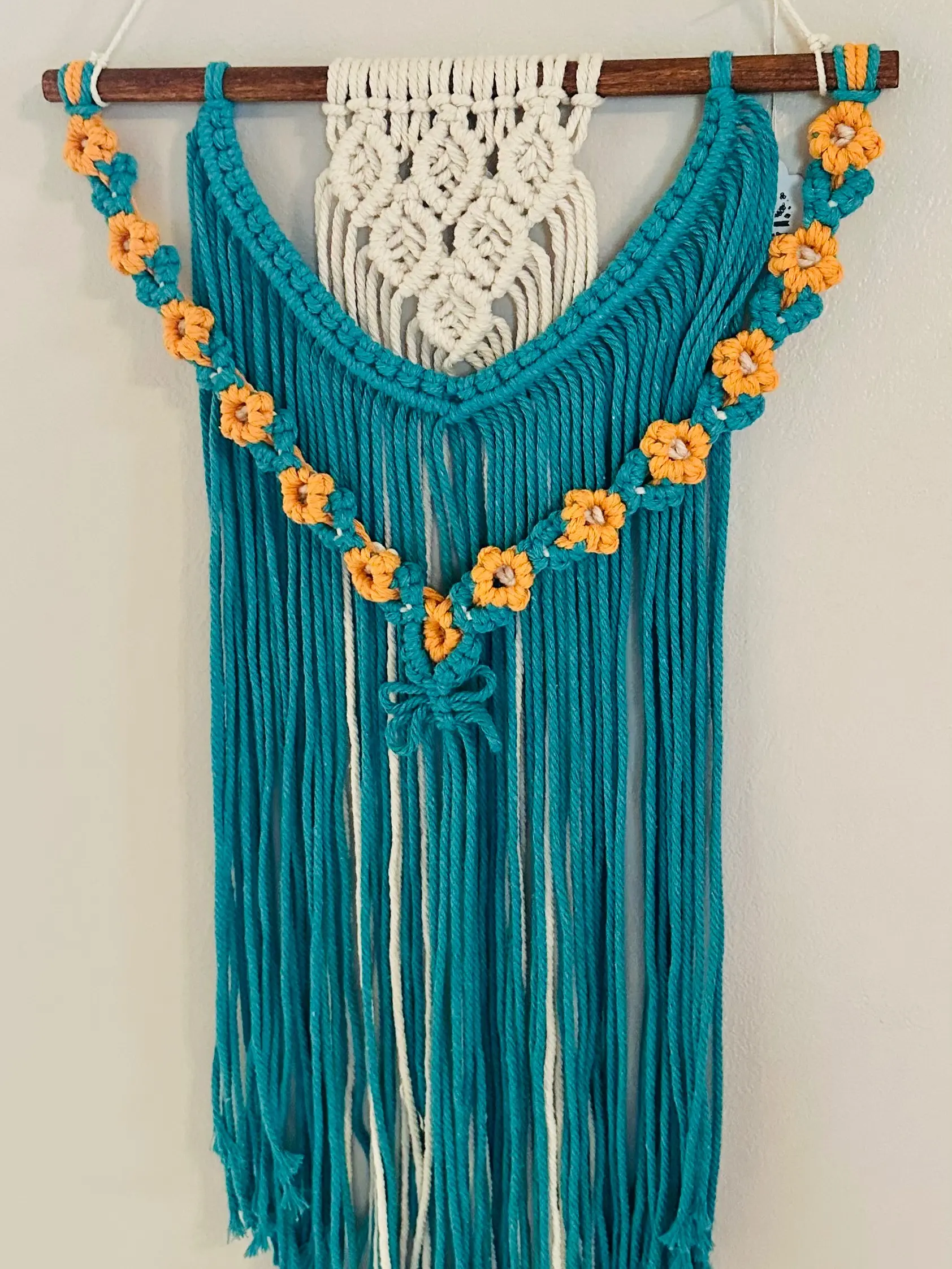 Teal with golden yellow daisies macrame wall hanging