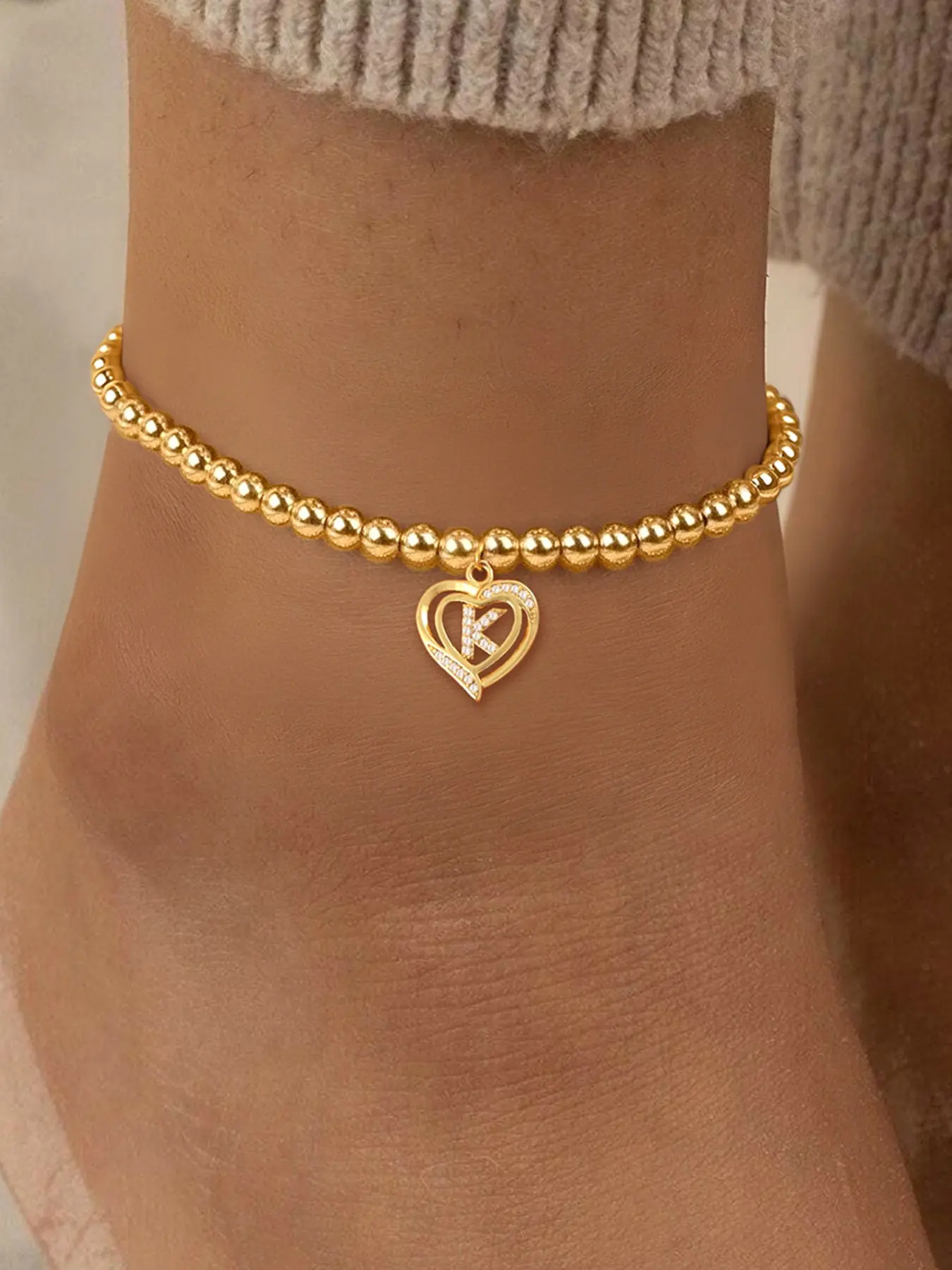 Women's Zircon Heart Love Initial Pendant Anklet, Beaded Ankle Bracelet, Casual Style Jewelry, Trendy Fashionable Accessories, Trendy Jewellery Accessories for All Seasons