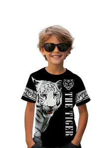 Tiger King Printed Short Sleeve T-Shirt, Casual Style Shirt, Comfortable Casual Versatile Outerwear, Daily Wear, 100% Polyester, Kids Summer Clothing, Graphic Tees
