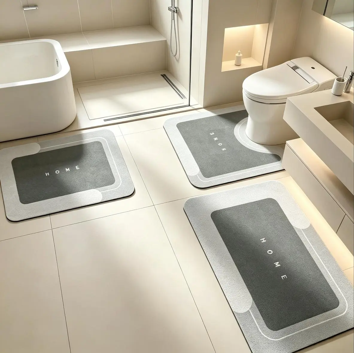 Bathroom Toilet Mat, 3-Piece Set & 1-Piece– Quick-Dry Absorbent Floor Mat with Rubber Non-Slip Backing. Suitable for bathroom, sink area, toilet, kitchen, living room, next to bathtub, laundry room, bathroom decor, bedroom, and pet drinking area.