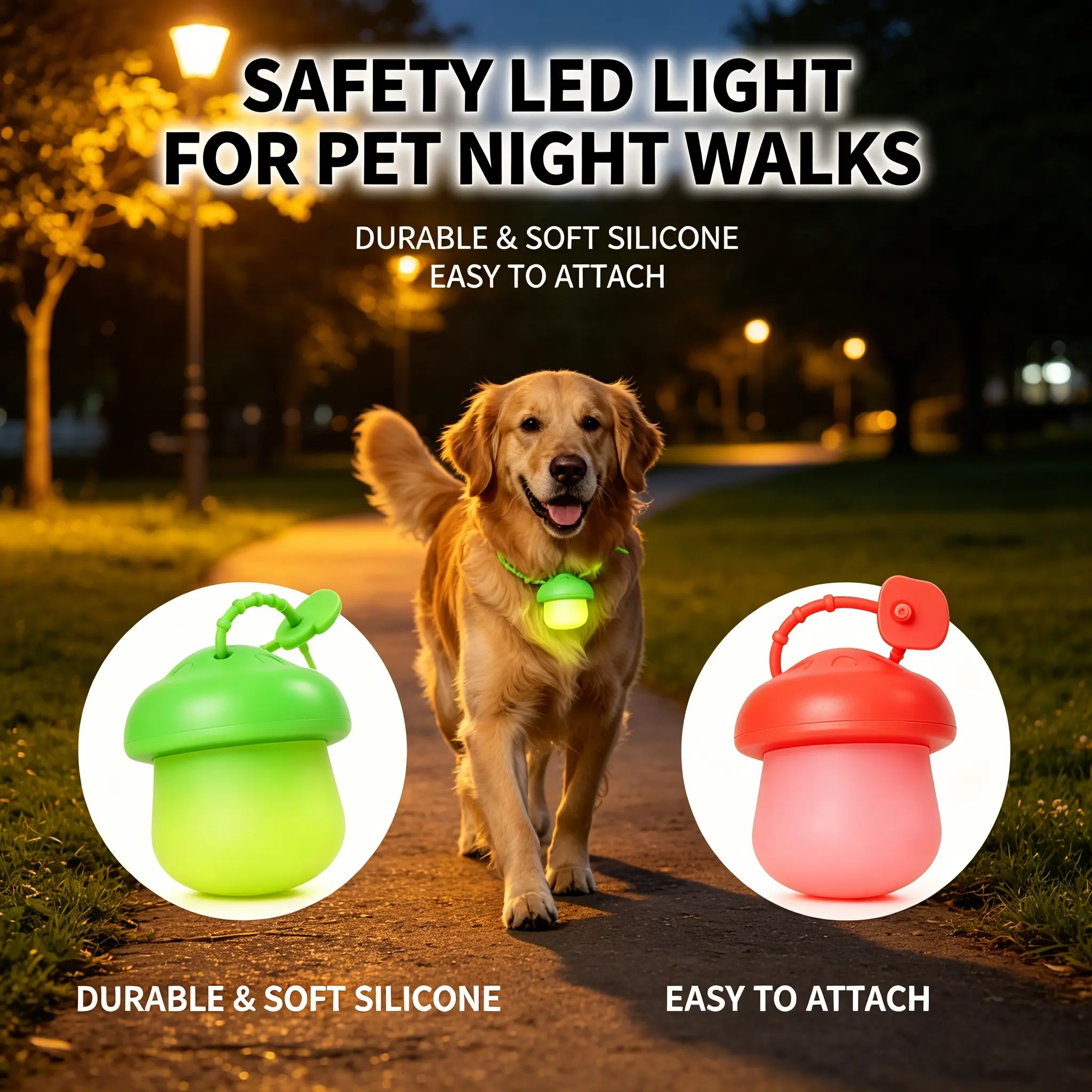 Cute Mushroom LED Pet Safety Blinker Light, Waterproof Silicone Collar Clip Pendant with 3 Flash Modes, Rechargeable Night Walking Flashing Light for Large Dogs & All Pets