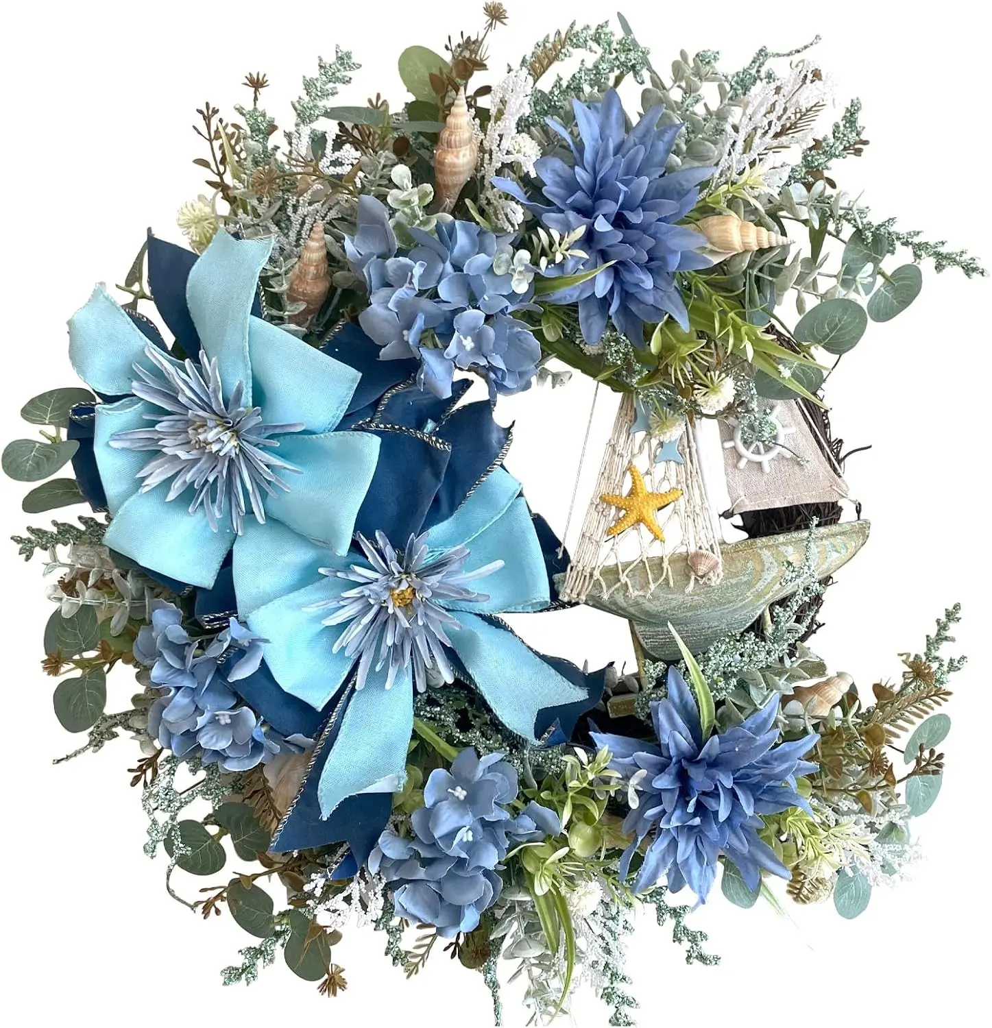 Summer Wreath for Front Door, Seaside Blue Floral Decor with Green Leaves for Wedding, Rustic Farmhouse Coastal Conch Sailing Boat Wreath with Bowknot for Indoor and Outdoor