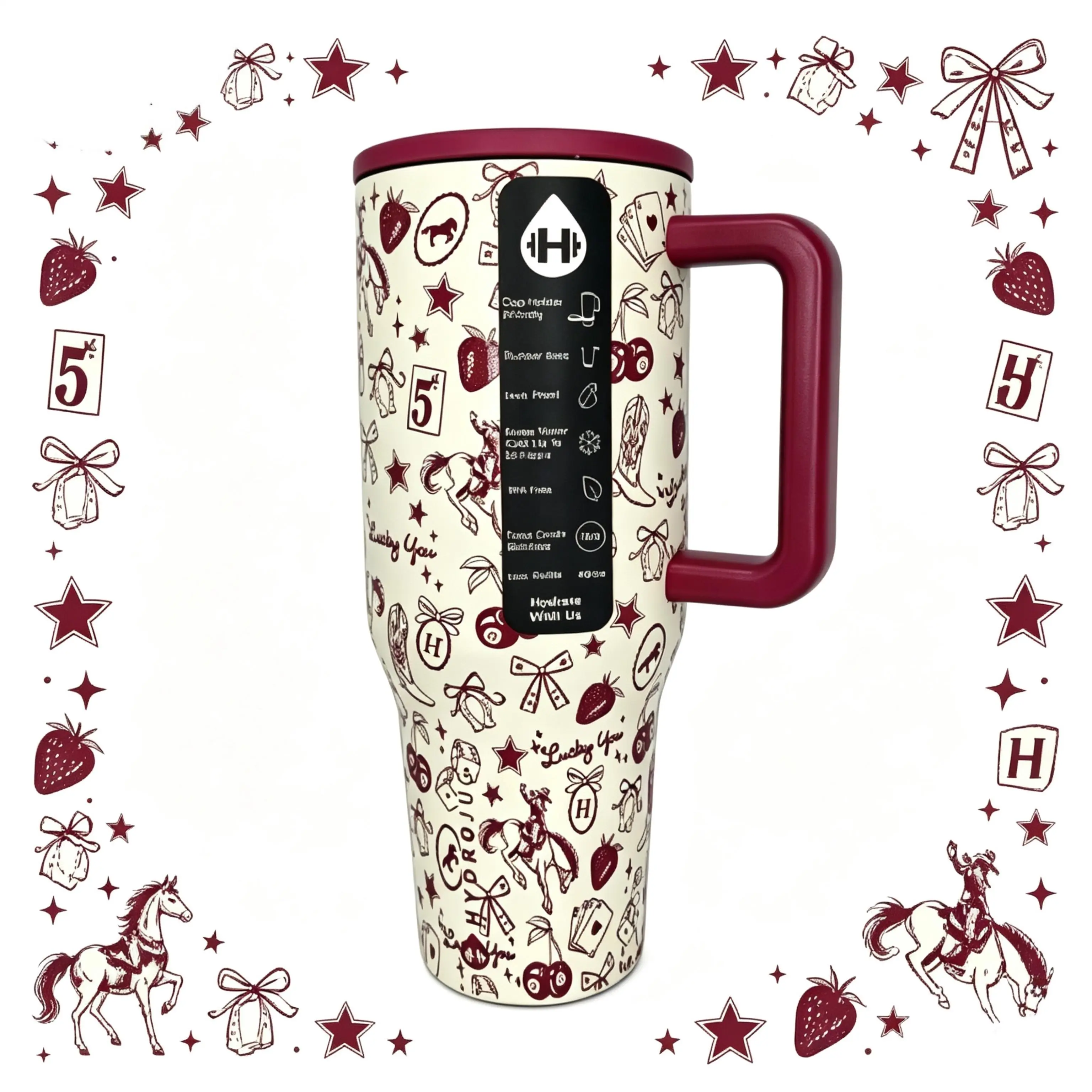 HydroJug 40oz Stylish Western Cowboy Insulated Cup 24-Hour Cold Retention Stainless Steel Travel Cup Leak-Proof BPA-Free Fits Cup Holder Iced Coffee Car Office Drinkware Water Bottle - Bottle