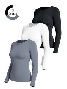 Women's Solid Color Round Neck Fitted Long Sleeve T-Shirt, Yoga Fitness Gym Top, Gym Workout Tee, Casual Inner Layer, Comfortable, Stylish and Sporty, Perfect for Daily Wear, Activewear