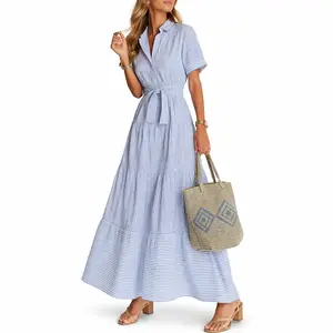 2026 Summer New French-style Dress Collar Striped Color Block Waist Tie Short Sleeve Long Dress Business Casual