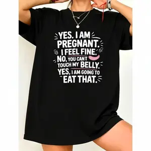 Women Plus Size Funny Pregnancy Announcement T-Shirt Oversized Maternity Tee Yes I Am Pregnant Saying Soft Breathable Fabric Casual All-Season Comfort Round Neck Short Sleeve Black Shirt with White Text Perfect for Pregnancy Reveal Outfits Home & Outings
