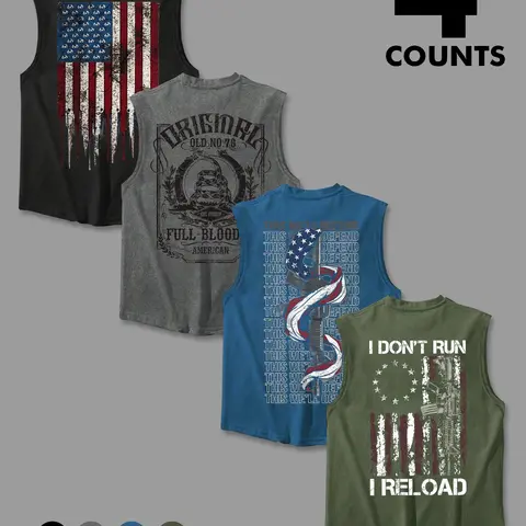 4 Pack Men's Patriotic Breathable Sleeveless Tank Tops, Vintage Casual American Flag Print Muscle Tanks for Outdoor Workout and Daily Wear