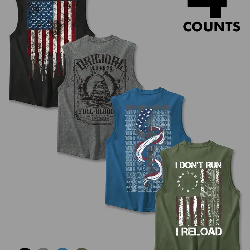 4 Pack Men's Patriotic Breathable Sleeveless Tank Tops, Vintage Casual American Flag Print Muscle Tanks for Outdoor Workout and Daily Wear
