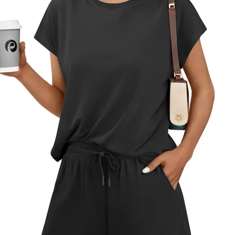 PINSPARK Women's Knit 2-Piece Matching Set - Summer Crewneck Sleeve Top, Adjustable Drawstring Shorts with Pockets, Soft Fabric, Casual Lounge Wear for Sports & Outdoor Activities
