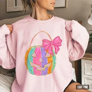 Pastel Faux Glitter Pumpkin Bucket Jack o Lantern with Bow T-shirt, Halloween Bucket shirt, Pumpkin Sweatshirt, 2024 Happy Halloween