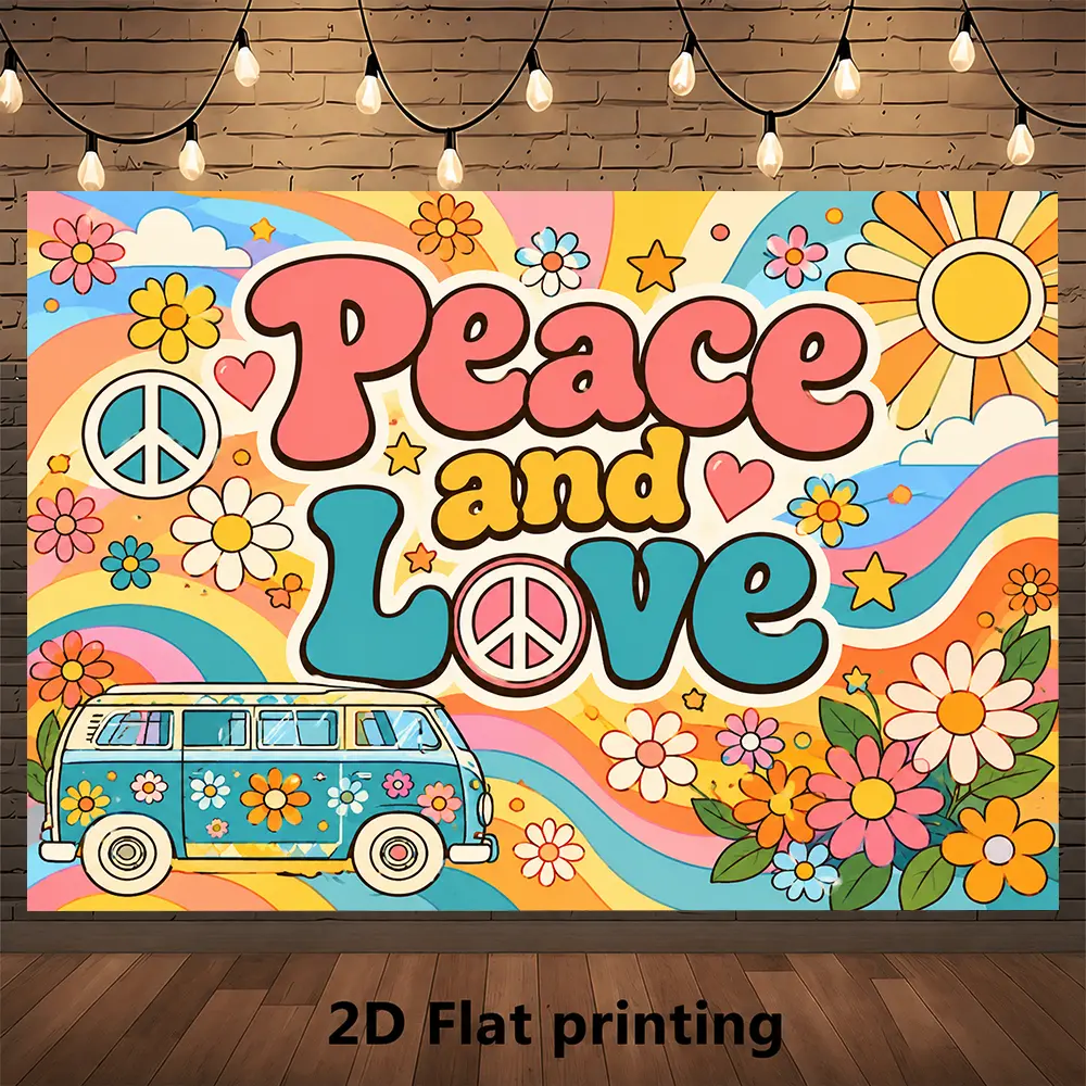 Peace and Love Boho Backdrop, Pastel Orange Teal 70s Retro Hippie Van with Daisy Flowers and Sunshine Art, Groovy Photography Background for Bridal Showers, Birthday Parties and Bohemian Event Decor