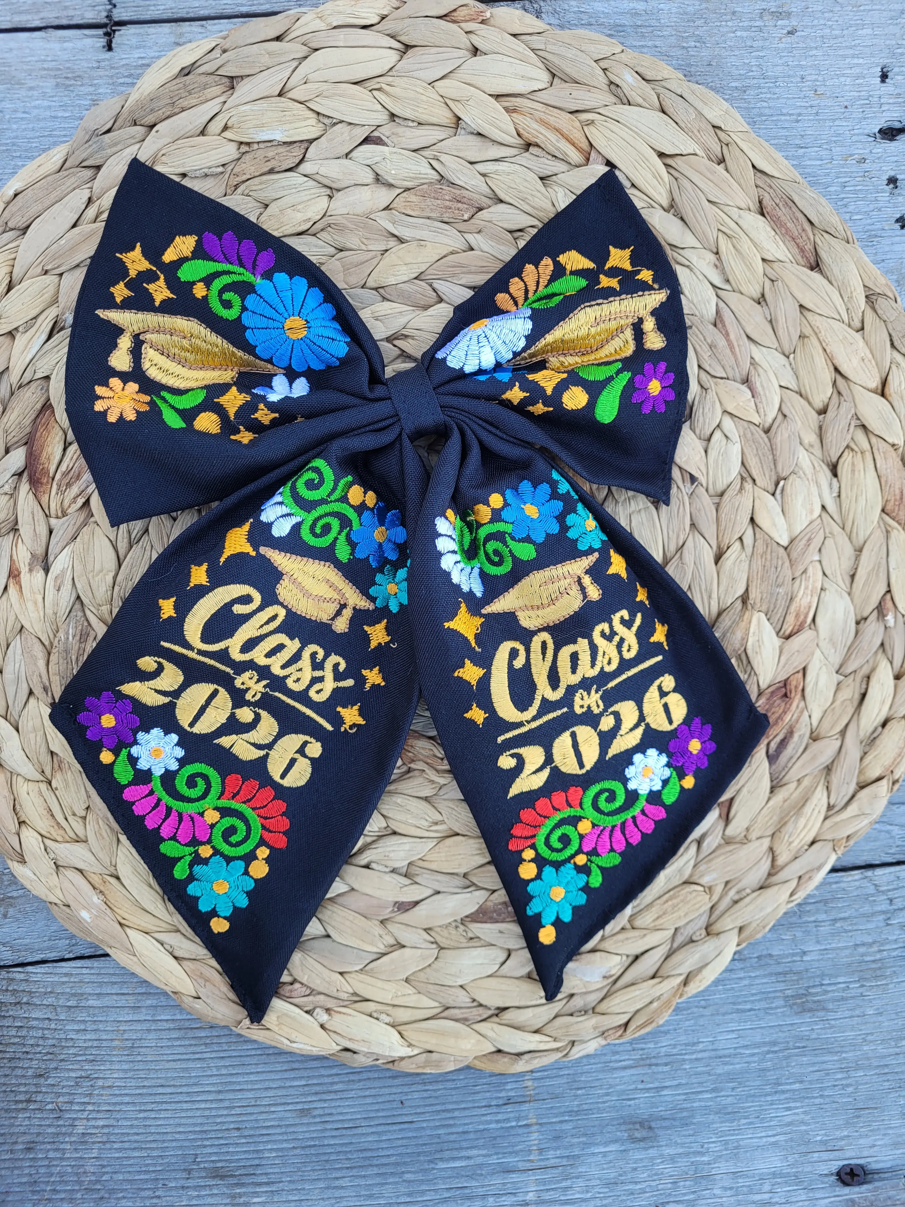 Embroidered Class of 2026 Bow - Floral Design for Graduation Cap & Everyday Wear