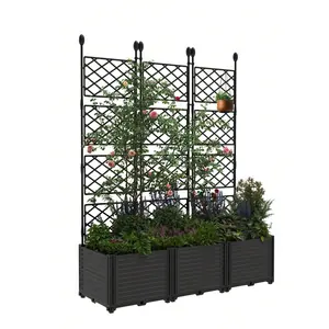 3 PCS Plastic Plant Box With Metal Trellis, Raised Garden Bed With Trellis Planter For Climbing Plant Outdoor Raised Box Privacy Screen For Patio Balcony,Planter Box For Backyard Patio