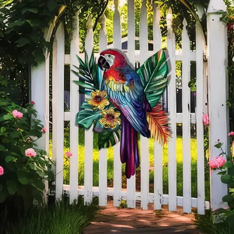 Large Colorful Metal Parrot Decorative Wall Art, 15.75inch Vibrant Bird Garden Fence House Decor, Garden Accessories, Durable Iron Craft, Outdoor Patio Wall Hanging, No Electricity Needed, Perfect for Halloween, Christmas Decorations