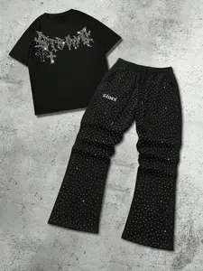 Men's Casual Short Sleeve Two-Piece Set, Summer Comfortable Rhinestone Design, Pants with Rhinestones, Streetwear Trendy, Fitted, Outfit