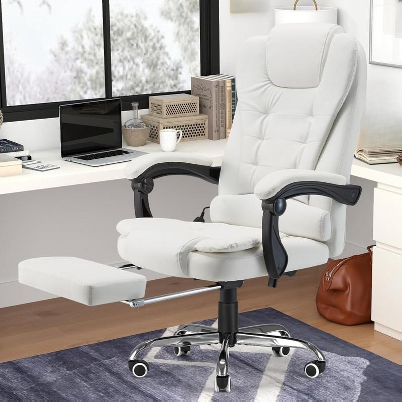 Aecojoy Office Chair with 7 Point Vibrating Massage & Heat Functions, Ergonomic Recliner Chair with Footrest, PU Leather Wide Computer Chair Executive Chair with High Back Lumbar Support, Cream White