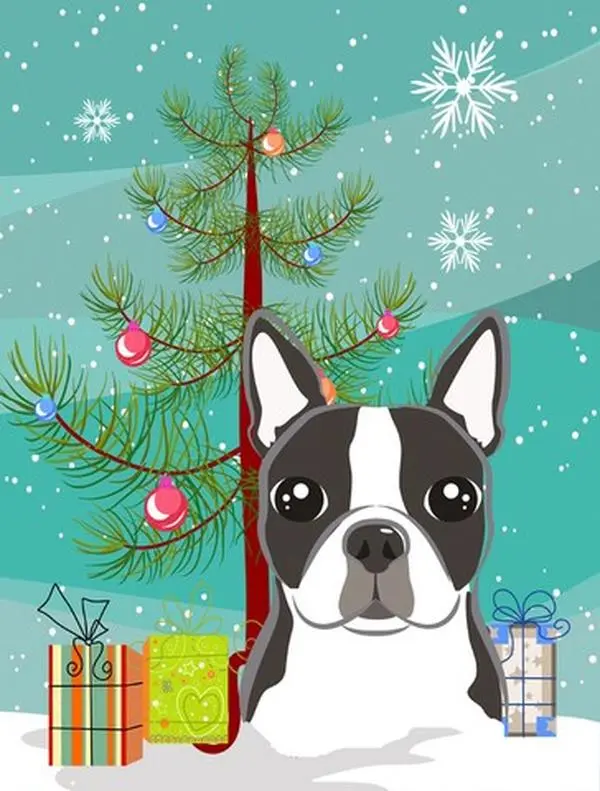 Decorative Garden-Size Flag, Festive Holiday Christmas Tree & Boston Terrier Themed Home Garden Decor