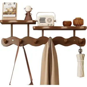 Wall-Mounted Coat Rack with Shelf, Wooden Coat Hanger with 6 Sturdy Hooks, Drill-Mounted Design for Hanging Clothes, Hats, Towels, Bags, and Robes (Brown)