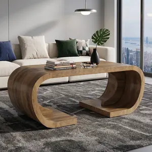 Large Farmhouse C-Shaped Coffee Table, Rustic Brown Heavy Duty Rectangle Center Table with Curved Side, Tea Accent Furniture for Living Room, Versatile Farmhouse Decor for Home Apartment Sofa Side Storage