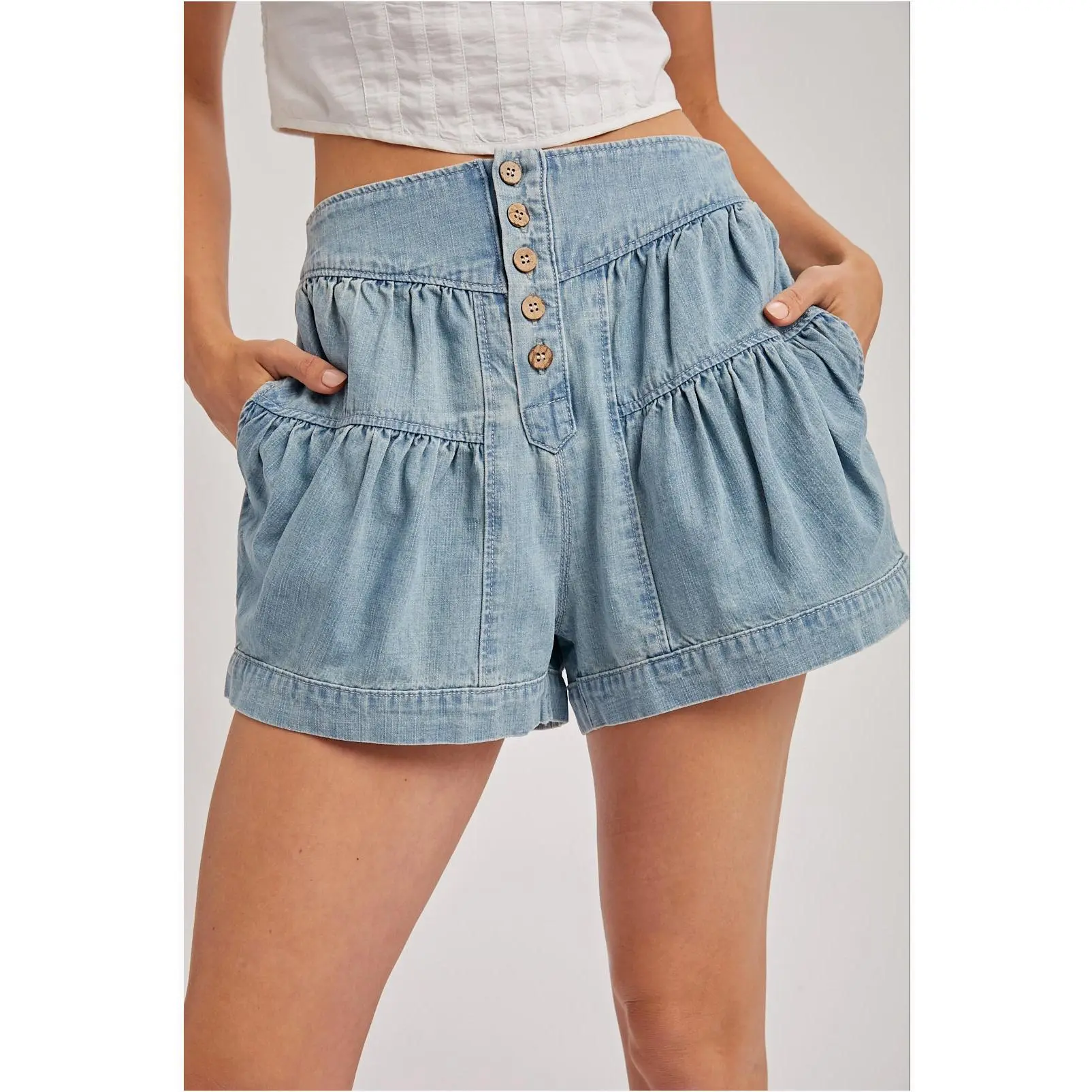 Pleated Denim Shorts