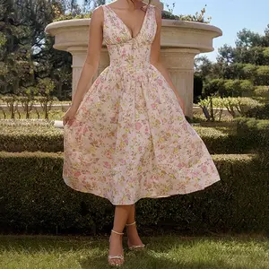 Amazon 2025 European and American Women's Fashion Summer New Elegant Commuter Solid Color V-neck Strap Dress Mid-length Dress Formal Womenswear Workwear Bohemian