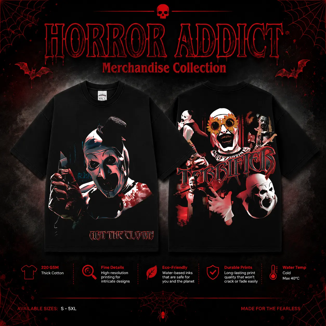 HORROR ADDICT Art the Clown TERRIFIER Gildan Unisex T-Shirt, Sweatshirt & Hoodie, Premium Cotton Horror Movie Shirt, Art the Clown Costume, Halloween Costume, Terrifier Outfit, Halloween Horror Movie Shirt, Horror Fan Gift Decor